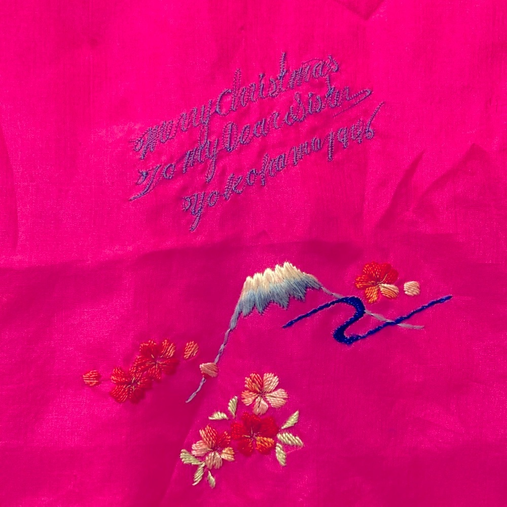 40s pink silk scarf, “Merry Christmas to my dear sister”, made in occupied Japan